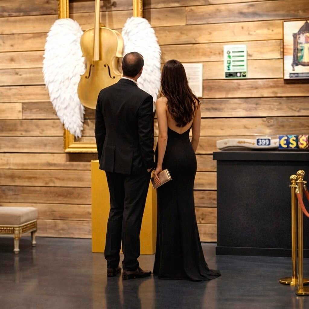 Pareja de coleccionistas admirando esculturas en exposición de JSUS ART DELUXE. Galería de arte contemporáneo con obras exclusivas como Ángel del Rock.
