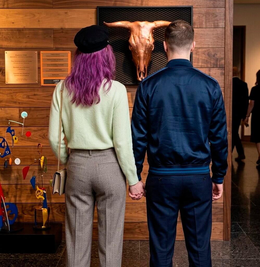 Visitantes observando esculturas de cráneos de toro en exposición de JSUS ART DELUXE. Arte objeto industrial y lujo en galería contemporánea.