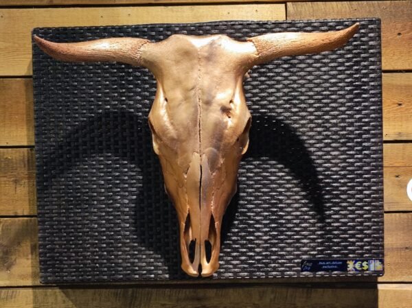 Escultura Cráneo de Toro sobre base negra de cobre. Arte objeto exclusivo de JSUS ART DELUXE. Pieza única de lujo para coleccionistas.
